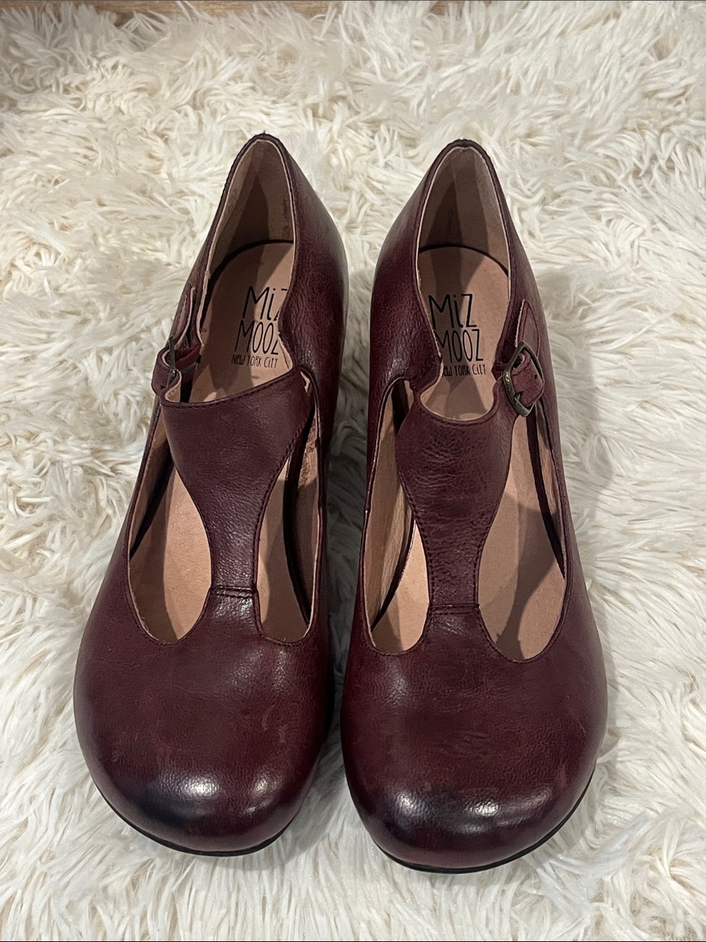 Miz Mooz Trina t-strap Mary-Jane heels, burgundy, size 9.5.